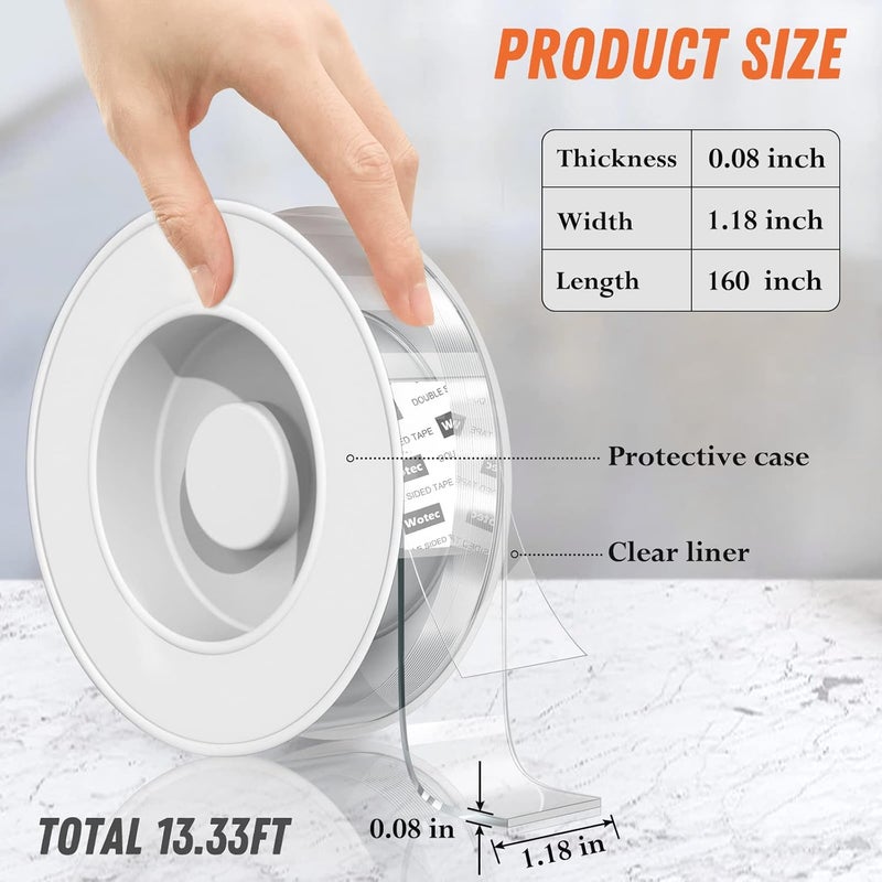 WOTEK Extra Large Double Sided Tape Heavy Duty Removable 1.18 Inch x 160 Inch, Clear & Tough Nano Tape, Multipurpose Mounting Tape Picture Hanging Strips Adhesive for Poster Carpet - Image 2